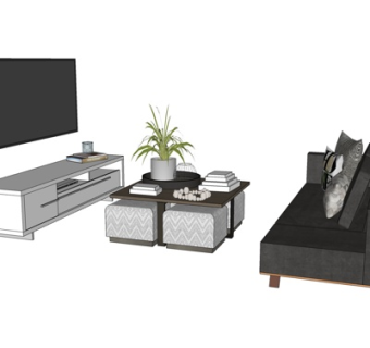 现代客厅茶几电视柜su模型