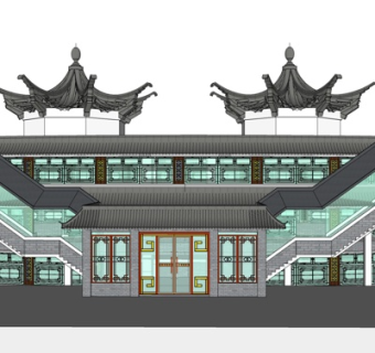 新中式建筑外观su模型