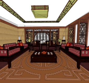 新中式客厅su模型