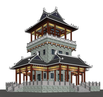 中式塔楼建筑外观su模型
