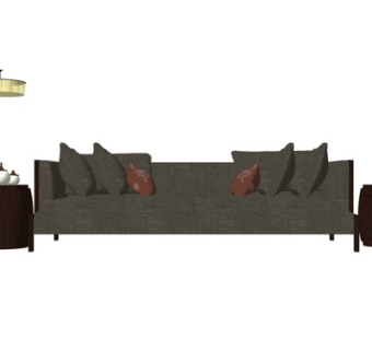 新中式布艺多人沙发su模型