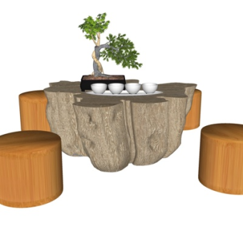 新中式实木茶桌椅su模型