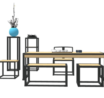 新中式条形茶桌椅su模型