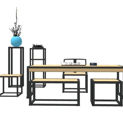 新中式条形茶桌椅su模型