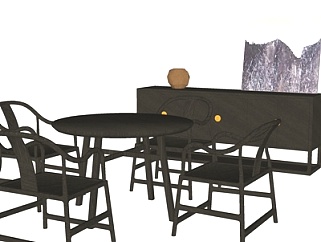 新中式实木圆形<em>餐桌</em>椅su模型