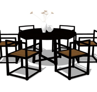 新中式实木圆形餐桌椅su模型