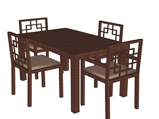 新中式条形实木餐桌椅su模型