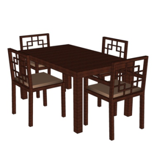 新中式条形实木餐桌椅su模型