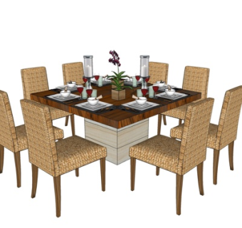 现代实木餐桌椅su模型