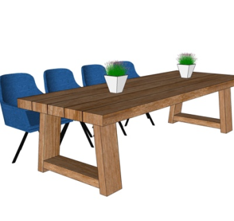 现代实木条形餐桌椅su模型