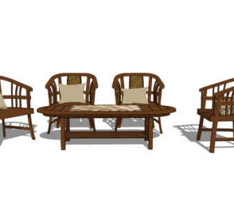 中式实木茶桌椅su模型