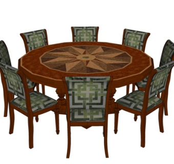 美式实木圆形餐桌椅su模型