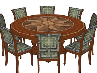 美式实木圆形餐桌椅su模型