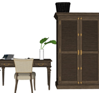 美式实木书桌椅su模型