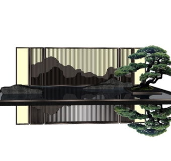 新中式水池景观墙su模型