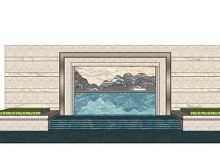 新中式水池景观墙su模型