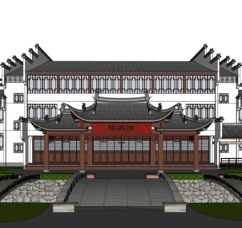 中式茶院建筑外观su模型