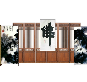 中式实木隔断su模型