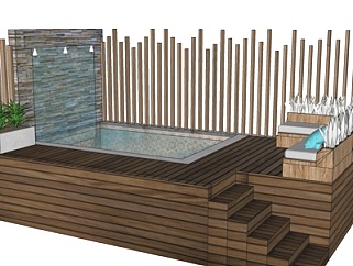 现代实木平台水景墙小品su模型