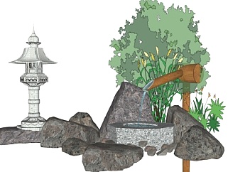 中式庭院滴水小品su模型