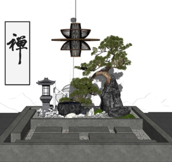 中式假山松树景观小品su模型