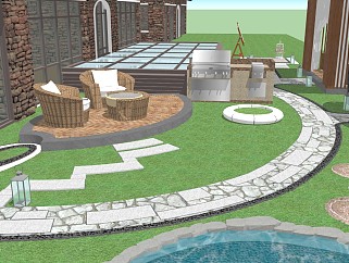 新中式庭院水池凉亭sketchup模型下载