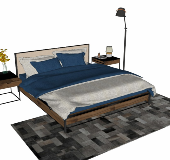 现代性冷淡风格北欧简约风双人床枕头床单被子 台灯 床头柜 地毯 落地灯配套