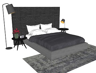 现代性冷淡风格北欧简约风双人床组合枕头床单被子台灯落地灯床头柜玫瑰花 地毯配套