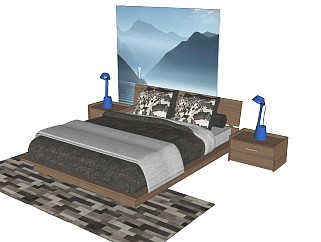 现代风格双人床 单人床 床组合 枕头 床单 被子 台灯 床头柜 挂画 地毯