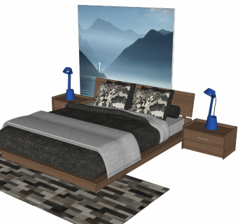 现代风格双人床 单人床 床组合 枕头 床单 被子 台灯 床头柜 挂画 地毯