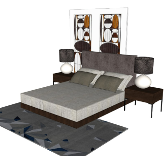 现代风格双人床 单人床 床组合 枕头 床单 被子 台灯 床头柜 挂画