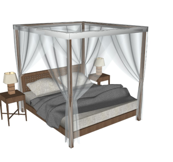 新中式风格双人床 蚊帐 中式风格单人床 床头柜 台灯 地中海风格 日式风格 su模型