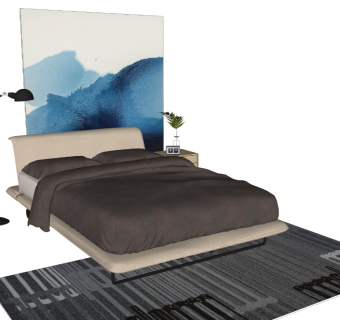 现代风格双人床 北欧简约风 单人床 SU模型 卧室组合 简约风 落地灯 台灯 床头柜 地毯 挂画