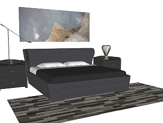 北欧风格双人床 轻奢暗黑风卧室组合 床头柜 台灯 地毯...