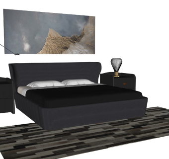 北欧风格双人床 轻奢暗黑风卧室组合 床头柜 台灯 地毯 现代简约风 su模型