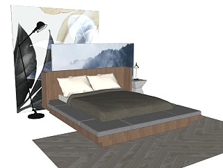 现代风格双人床 北欧简约风 布艺双人床 挂画 落地灯 床头柜 卧室组合 su模型