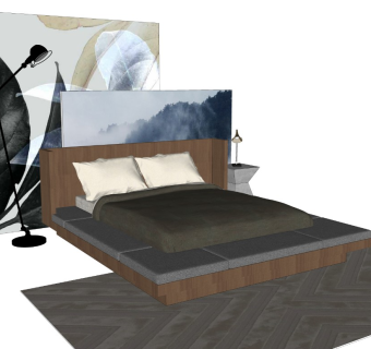 现代风格双人床 北欧简约风 布艺双人床 挂画 落地灯 床头柜 卧室组合 su模型