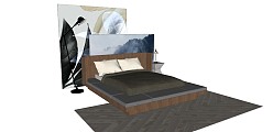 现代风格双人床 北欧简约风 布艺双人床 挂画 落地灯 床头柜 卧室组合 su模型