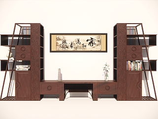 新中式木质电视组合柜su模型