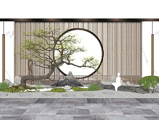新中式庭院景观小品隔断景<em>墙</em>树竹子石头禅意雕塑石灯