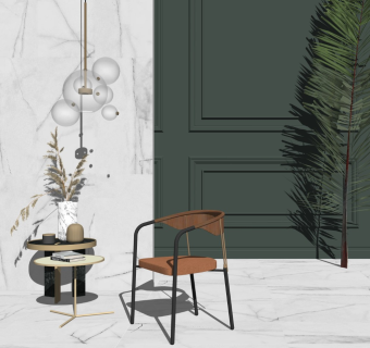 北欧单椅茶几摆件吊灯景墙盆栽