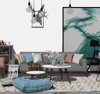 北欧客厅布艺沙发组合茶几摆件鹿头雕塑装饰画台灯书桌抱枕