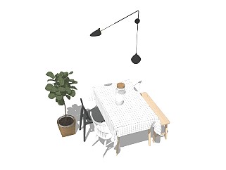 餐桌椅盆栽植物吊灯<em>餐具</em>餐桌布椅子长板凳