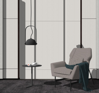 OKHA现代单椅茶几吊灯单人沙发角几咖啡杯毛毯景墙摆件