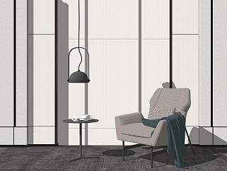 OKHA现代单椅茶几吊灯单人沙发角几咖啡杯毛毯景墙摆件