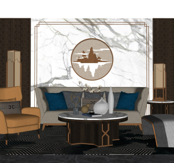 新中式客厅沙发茶几墙饰组合摆件台灯落地灯花瓶景墙盆栽抱枕