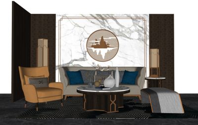 新中式客厅沙发茶几墙饰组合摆件台灯落地灯花瓶景墙盆栽抱枕