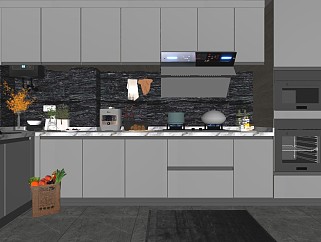 现代厨房橱柜油烟机灶具冰箱蒸烤箱装饰品盆栽花瓶水果百叶窗