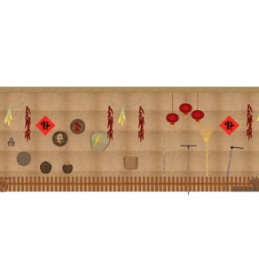东北民宿装饰景墙3d蔬菜辣椒玉米菜篮锄头土豆农家乐渔夫斗笠春联福字箩筐灯笼饭店幼儿园民族墙面
