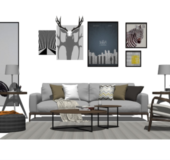 现代简约客厅沙发茶几落地灯摆件景墙装饰画鹿头雕塑艺术雕塑台灯笔筒盆栽